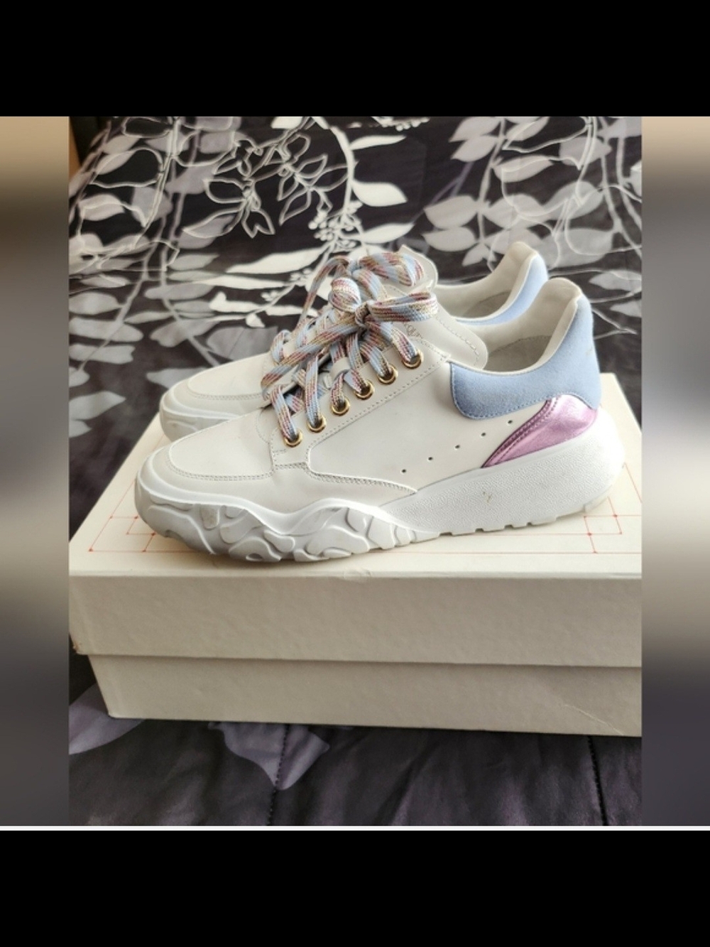 Alexander McQueen White Sneakers with Pastel Blue and Metallic Pink Accents
